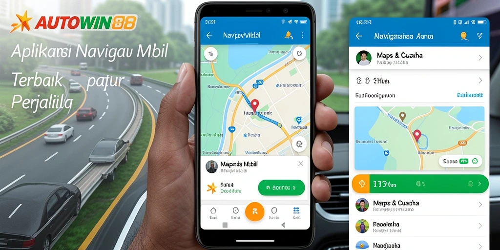 Screenshot aplikasi AUTOWIN88 menunjukkan rute navigasi yang jelas dan informasi cuaca.